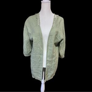 VALENTINA NALDI Open Front One Size Linen Cover Up Shirt Olive Green Lace Detail